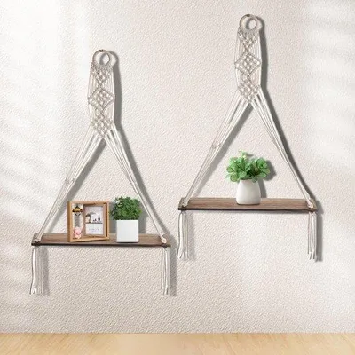 Obrázok produktu pre Drevené nástenné police s ručne viazaným makramé - plávajúca polica boho dekorácia na stenu - sada 2 políc so strapcami - prírodné driftwood - obývacia izba
