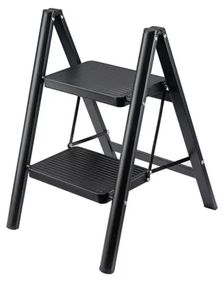 Obrázek produktu pro Skládací žebřík Wiltec, černý, ocelový, nosnost až 150 kg, vhodný pro domácnost, kuchyň, garáž a dílnu