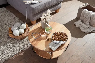 Produktbild von FineBuy Couchtisch Akazie Massivholz rund 60cm · Wohnzimmertisch mit Ablage · Handgefertigt · Metallgestell in Schwarz · Moderner Industrial Sofatisch