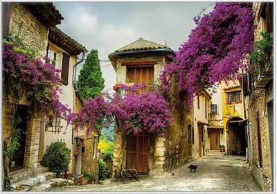 Produktbild von Wallario Wandbild Malerische Stadt in der Provence mit bunten Blumen, Größe: 70,30 x 100,30 cm, Poster mit weißem Kunststoffrahmen