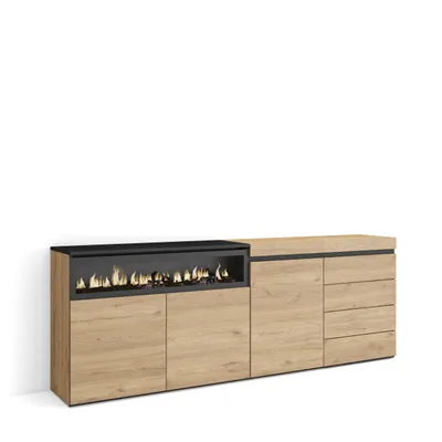Produktbild von Sideboard, Kommode, 207x35x75 cm, Für Schlafzimmer, Zimmer, Elektrokamin., Kommode mit Schubladen, Eiche farbe