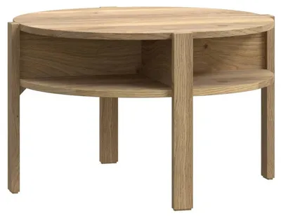 Wohnzimmertisch Couchtisch TOBAGO rund mit Holzgestell, offenen Fächern und Eichenoptik in Gesamtansicht.