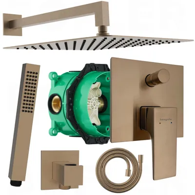A collection of shower system components laid out on a white background.
