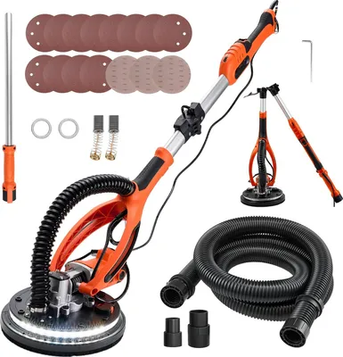 Immagine prodotto di Levigatrice per cartongesso e levigatrice per soffitti - Levigatrice a collo lungo - 850 W - Platorello da 255 mm - Velocità di rotazione 800-1700 giri/min - Impugnatura telescopica - 15 dischi abrasivi - Aspirazione della polvere