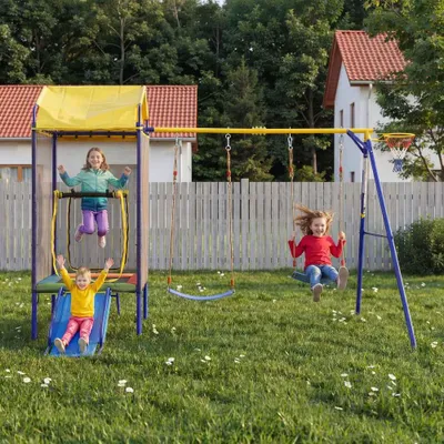 Zdjęcie produktu dla Wielofunkcyjny zestaw zabawowy dla dzieci: trampolina, zjeżdżalnia, huśtawka i kosz do koszykówki. Zestaw ogrodowy z siatką zabezpieczającą i huśtawką gniazdową, solidny