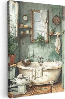 Produktbild von MuchoWow® - Leinwandbilder - Vintage - Badewanne - Badezimmer - Illustration, Wandbild, Wanddeko Bilder Wohnzimmer, 80x120 cm