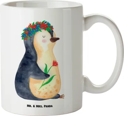 Produktbild von Mr. & Mrs. Panda weisse tasse Pinguin Blumen - Weiß - Geschenk, Wunderschön, Ziele, Teepott, Pott, Blumenliebe, Keramiktasse, Pinguine, Wünsche, Große, Blumenkranz