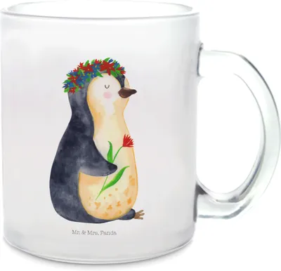 Produktbild von Mr. & Mrs. Panda Teetasse Pinguin Blumen - Transparent - Geschenk, Pott, Blumenliebe, Glas, Häferl, Universum, Haferl, Trinkglas, Wunderschön, Pinguine, Geschenkidee