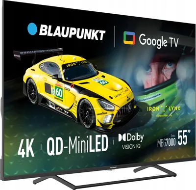 A Blaupunkt 55-inch QD-MiniLED TV is advertised with a racing car and driver graphic.