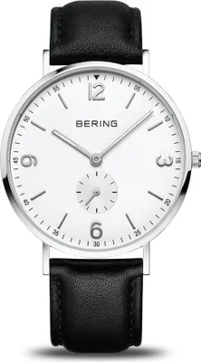 A close-up studio shot of a Bering watch with a white dial and black leather strap.