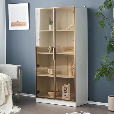 Produktbild von MODFU Vitrinen Hochschrank für Badezimmer, Aufbewahrungsmöbel auf Füßen mit 16-farbiger LED-Beleuchtung für Wohnzimmer, Küche, Weiß