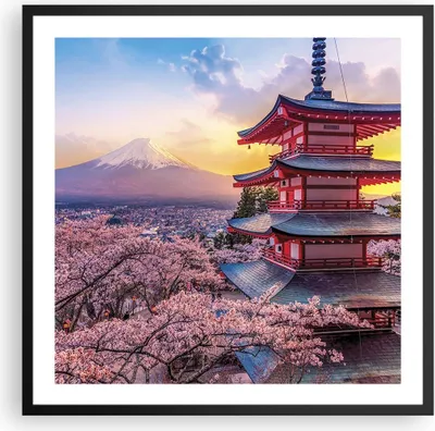 Produktbild von Gerahmtes Poster - Schwarzer Rahmen - Fuji Choreito Pagode - 60x60 cm - Wand Bild - Wanddeko - Wandbilder - Kunstposter - Wandposter - Bilderrahmen - Bilder - Kunstdruck - P2BAC60x60-4547
