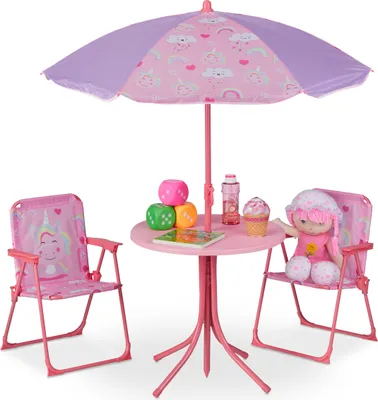 Produktbild von Relaxdays Camping Kindersitzgruppe, Einhorn Motiv, Kindersitzgarnitur mit Schirm, Klappstühlen & Tisch, Garten, pink
