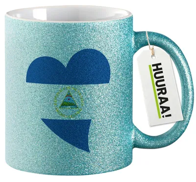 Produktbild von Huuraa Glitzertasse Nicaragua Flagge Herz 330ml Blau Keramik Kaffeebecher Geschenkidee