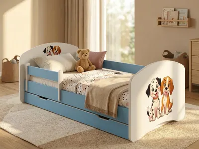Produktbild von Happy Babies Kinderbett - mit Rausfallschutz Junge 140x70 Bett für Kinderzimmer mit Schublade & Matratze Einzelbett für Kinder Weiß/Blau, Der Hund und die Polizei | Hundethema (Nr 7)