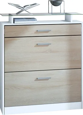 Produktbild von Vladon Schuhschrank Loret 89 x 104 x 23 cm Schuhkipper für 16 Paar Schuhe mit 1 Schublade, 1 Glasablage, Farben Weiß matt & Eiche sägerau
