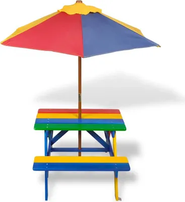 Obrázok produktu pre vidaXL Detský piknikový stôl s lavičkami a slnečníkom Viacfarebné drevo