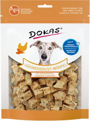 Produktbild von Dokas Hühnerbrust-Würfel mit Süßkartoffel, Leinsamen & Kokosöl, Snacks, Hund, Adult, Huhn, Süßkartoffeln, 150 g
