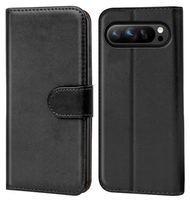 A black flip case for a Google Pixel phone is shown from two angles.