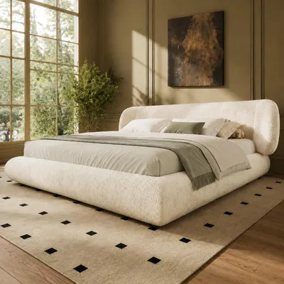 Immagine prodotto di Letto matrimoniale MODFU 160x200, imbottito con rivestimento in velluto, struttura per letto a una piazza con testiera imbottita e rete a doghe, senza materasso, color beige, Immagine generata dall'IA