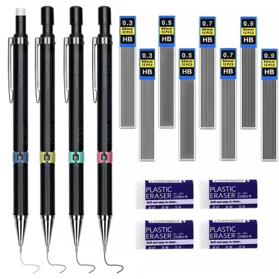 Produktbild von Druckbleistift Set 4 Stück 0,3/0,5/0,7/0,9 mm mit 96 HB Minen und 4 Radiergummis