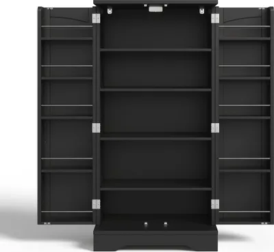 Produktbild von Flieks 2-türiger Küche Hochschrank mit LED, Schrank mit verstellbaren Regalböden & Türablage, Küchenschrank Aufbewahrungsschrank 60x40x120cm, Schwarz
