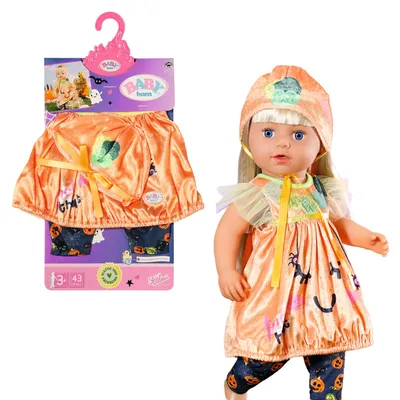 Produktbild von BABY born Halloween Kürbiskleid 43cm, Puppenkleidung mit Kleid, Leggings, Mütze