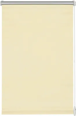 A close-up view of a cream-colored roller blind hanging from a silver rod.