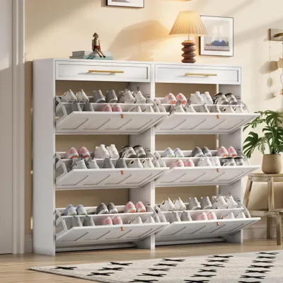 Image de OKWISH Meuble à Chaussures avec 2 Tiroirs et Étagères Réglables, Rangement Pratique, Armoire d'Entrée, Blanc