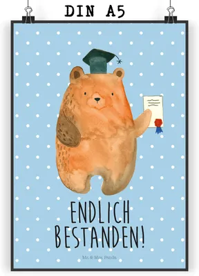 Produktbild von Mr. & Mrs. Panda Bild Bär Prüfung DIN A5 - Blau Pastell - Geschenk, Wandbild, drucke, Abschluss, Kunstdruck, Prüfungen, Teddy, Bestanden, wanddeko, Abitur, Zeugnis, Deko