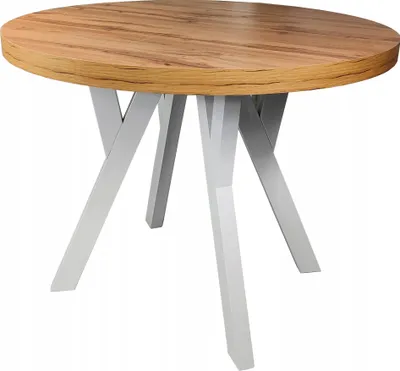 A round wooden table with gray legs on a white background.