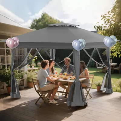 Produktbild von YZNAHRE Pavillon 3x3 Pop up Stabil Winterfest Partyzelt Faltpavillon Höhenverstellbar mit Doppeldach und 4 Moskitonetz Seitenteilen Pavillion Gartenpavillon inkl. Tragetasche,Grau