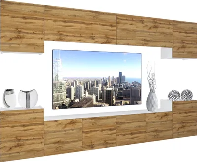 Produktbild von BELINI Wohnwand Vollausstattung Wohnzimmer-Set Moderne Schrankwand mit LED-Beleuchtung Weiß Glänzend Anbauwand TV-Schrank Wotan-Eiche Matt