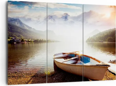 Produktbild von Bild auf Leinwand - Leinwandbild - Berge See Boot - 165x110cm - Wand Bild - Wanddeko - Wandbilder - Leinwanddruck - Bilder - Kunstdruck - Wanddekoration - Leinwand bilder - Wandkunst - CE165x110-3927