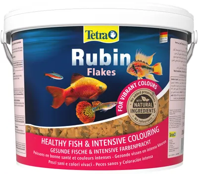 A bucket of fish food with images of fish on the label.