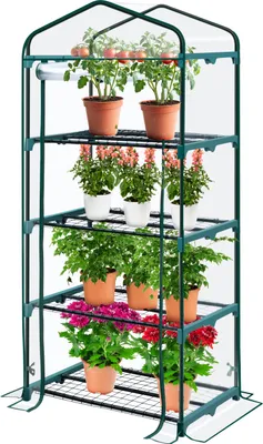 A four-tier greenhouse with plants on each shelf, against a white background.
