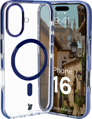 Produktbild von Bizon Case Marco Magnetische Ringhülle für iPhone 16, Transparent mit blauem Rahmen