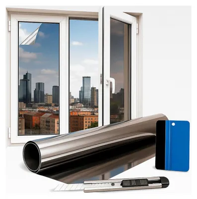 Produktbild von Fensterfolie Sonnenschutz - 100x152cm - 90% Silberverspiegelung - Hitzeschutzfolie für Fenster - inkl. Rakel und Folienmesser