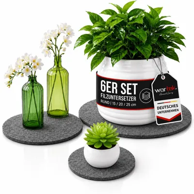 Produktbild von wortek Filzuntersetzer rund für Vasen Blumen Glas - 6er Set - 15cm / 20 cm / 25cm – Untersetzer Gläser Schwarz Topfuntersetzer Glasuntersetzer Tischuntersetzer Untersetzer Blumentopf Untersetzer Filz