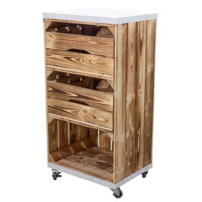 Produktbild von Geflammtes Regal mit 2 Schubladen und Bohlenbrett in Weiß, auf Rollen 79x40x31cm Obstkisten Weinkisten