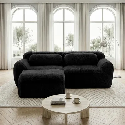 Produktbild von MODFU Zweisitzer Ecksofa,Modulares Sofa mit Geschwungene und 1 Ottoman,L-förmiges Relaxsofa mit Rutschfester Boden & Kissen,Plüschstoff,Schwarz