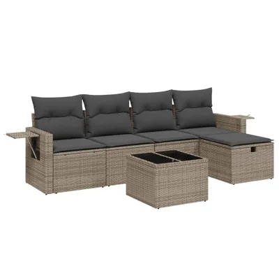 Imagen del producto de Conjunto de sofá de jardín de 6 piezas con cojines, color gris, fabricado en polirratán
