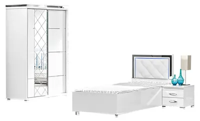 Produktbild von Schlafzimmermöbel Bett Nachttisch Kleiderschrank 3tlg Weiß Einzelbett