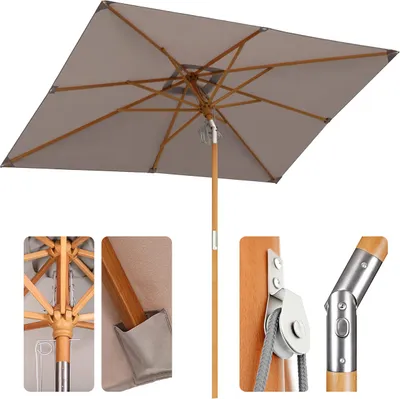 Produktbild von Sekey 300 x 200 cm Sonnenschirm Rechteckig Holz Balkonschirm Marktschirm mit Knickbar, für Terrasse Gartenschirm UV50+, Taupe