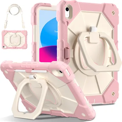 Obrázek produktu pro Pouzdro pro iPad 10th Gen 2022 10,9", odolné přenosné ochranné pouzdro se stojánkem, ručním popruhem a ramenním popruhem Růžový