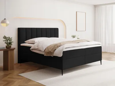 Produktbild von Boxspringbett mit Bettkasten – Polsterbett 120 x 200 cm mit H4 Taschenfederkern 7-Zonen Matratze & 5 cm Topper – Stauraumbett mit hohem Kopfteil & Metallfüße – Boucle Schwarz