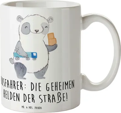 Produktbild von Mr. & Mrs. Panda Kaffeebecher Busfahrer Helden - Weiß - Geschenk, Teetasse, Tasse, liebevoll, Dankbarkeit, Alltaghelden, Bedanken, Kaffeetasse, Danke sagen, Bedruckte