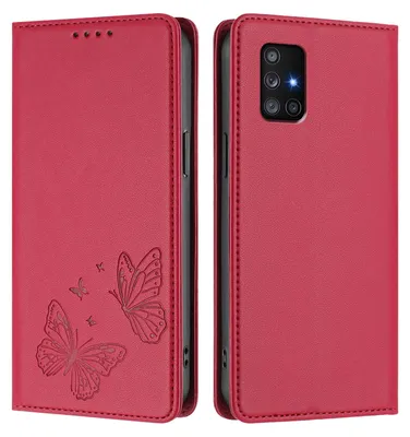 Produktbild von Lederhülle für Samsung Galaxy A71 4G, Schmetterling Prägung Leder Brieftasche Schutzhülle mit Ständer Rot