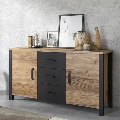 Produktbild von Masseno Kommode OLIVIERO 147 cm Sideboard mit 3 Schubladen und 2 Türen für Wohnzimmer Schlafzimmer Modern 147x43x79 cm Braun / Braun