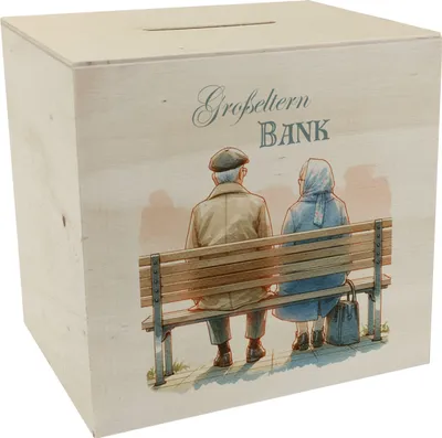 Produktbild von Großeltern auf einer Bank Spardose aus Holz
